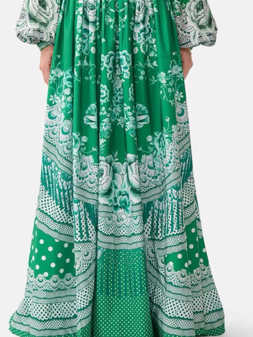 Camilla Green Floral Maxi Skirt with White Lace Print